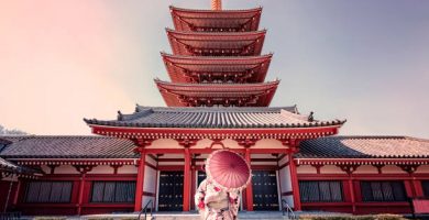 mujer viendo un templo en japon